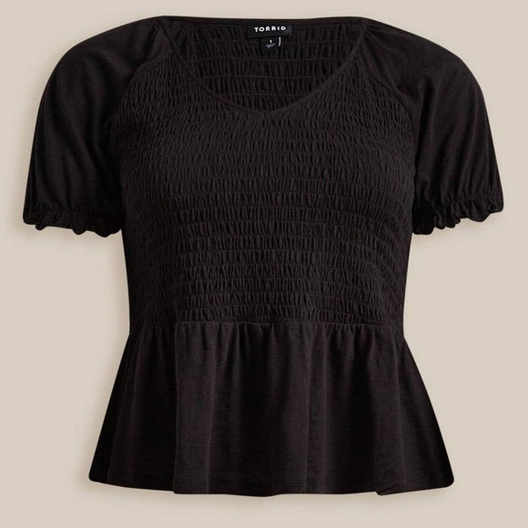 NWT! Torrid Cotton Modal Slub Smocked Short Sleeve Babydoll Blouse Black 5x - Picture 3 of 4